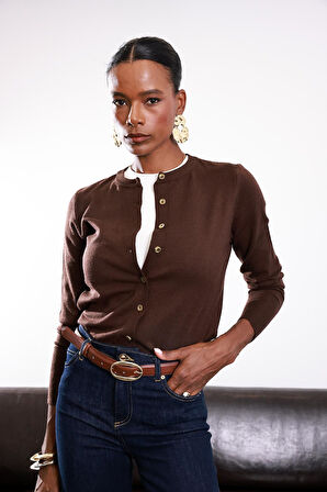 Acı Kahve Kemik Düğmeli Lyocell İplik Hırka 