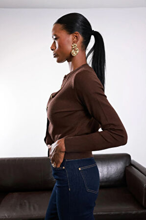 Acı Kahve Kemik Düğmeli Lyocell İplik Hırka 