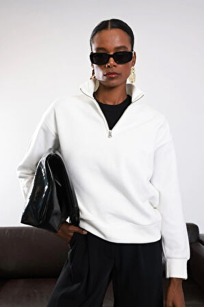 Beyaz Polar Dokulu Sweatshirt 3848