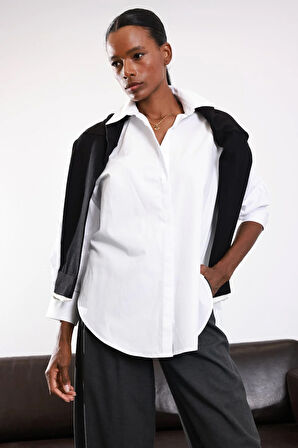 Beyaz Oversize Poplin Gömlek 8008