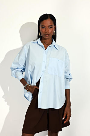 Mavi Oversize Poplin Gömlek 4008