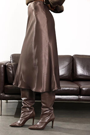 Kahverengi Saten Volanlı Etek 17000