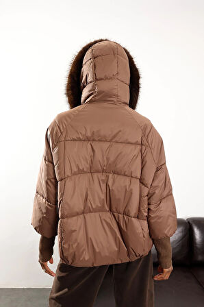 Kahverengi Kapüşonlu Şişme Mont D99825
