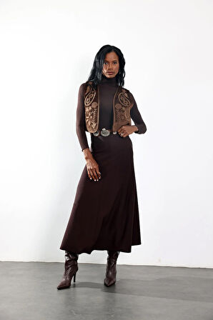 Kahverengi Nakışlı Kadife Yelek 39194