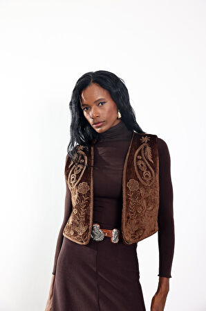 Kahverengi Nakışlı Kadife Yelek 39194