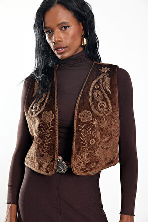 Kahverengi Nakışlı Kadife Yelek 39194