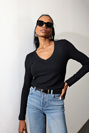 Siyah Soft Touch Bambu V Yaka Tişört 