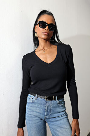 Siyah Soft Touch Bambu V Yaka Tişört 