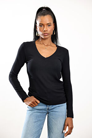 Siyah Soft Touch Bambu V Yaka Tişört 