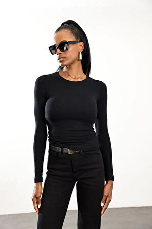 Siyah Soft Touch Bambu Uzun Kol Tişört 