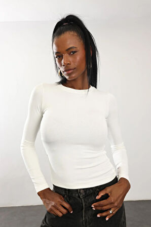 Ekru Soft Touch Bambu Uzun Kol Tişört 