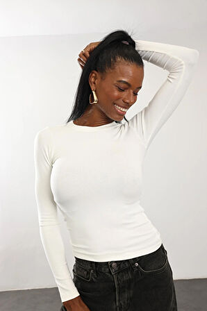 Ekru Soft Touch Bambu Uzun Kol Tişört 