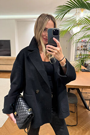 Siyah Oversize Kaşe Palto 