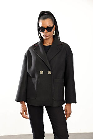 Siyah Oversize Kaşe Palto 