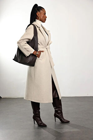 Bej Kuşaklı Kaşe Palto 1146