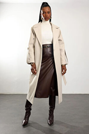 Bej Kuşaklı Kaşe Palto 1146