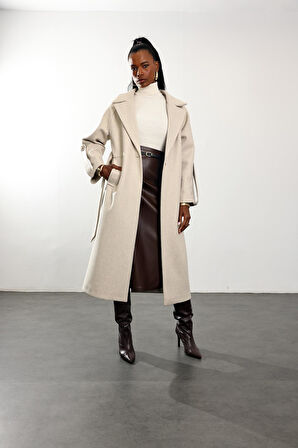 Bej Kuşaklı Kaşe Palto 1146