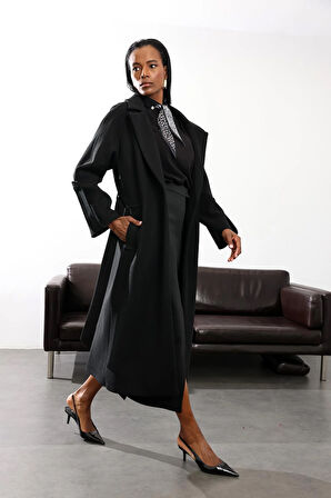 Siyah Kuşaklı Kaşe Palto 1146