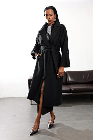 Siyah Kuşaklı Kaşe Palto 1146