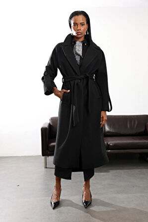 Siyah Kuşaklı Kaşe Palto 1146