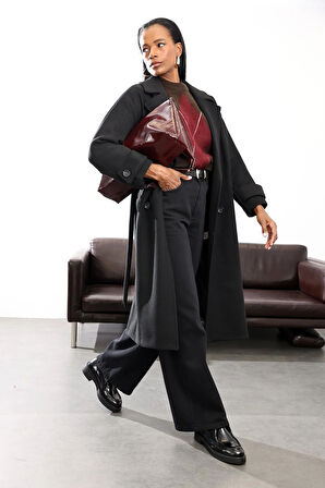 Siyah Kruvaze Kaşe Palto 1010