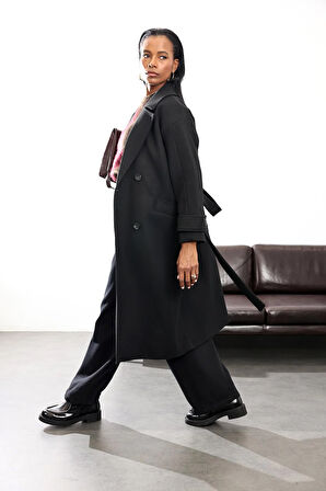 Siyah Kruvaze Kaşe Palto 1010