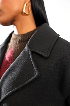 Siyah Kruvaze Kaşe Palto 1010