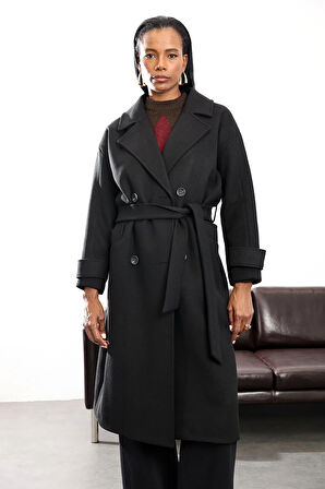 Siyah Kruvaze Kaşe Palto 1010