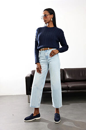 Buz Mavi Yüksek Bel Wide Leg Jean 
