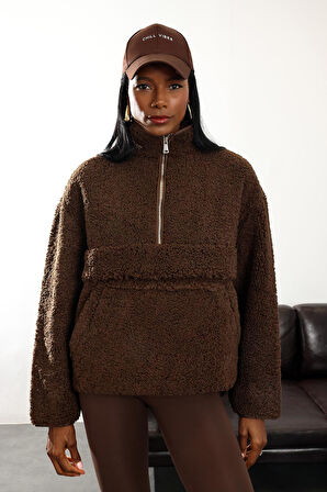 Kahverengi Dik Yaka Peluş Mont 