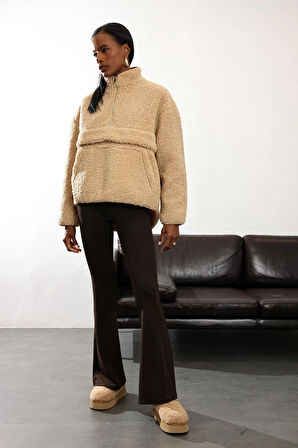 Camel Dik Yaka Peluş Mont 