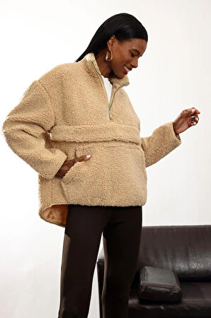 Camel Dik Yaka Peluş Mont 