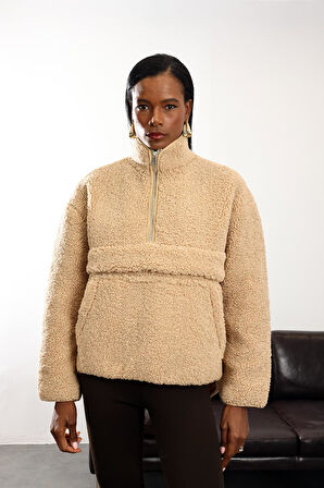 Camel Dik Yaka Peluş Mont 