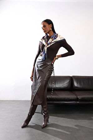 Kahverengi Kemerli Deri Midi Etek 222