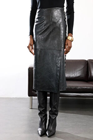 Siyah Kemerli Deri Midi Etek 222