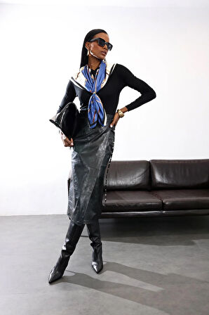 Siyah Kemerli Deri Midi Etek 222