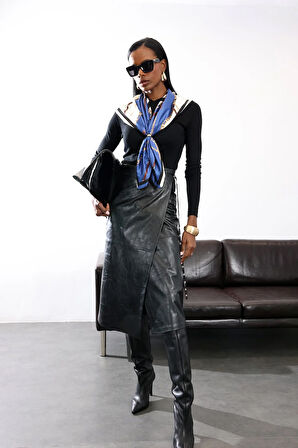 Siyah Kemerli Deri Midi Etek 222