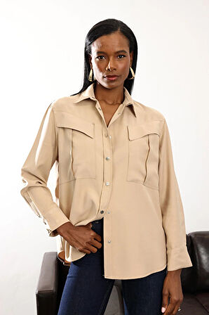 Camel Cep Detaylı Uzun Gömlek 0662