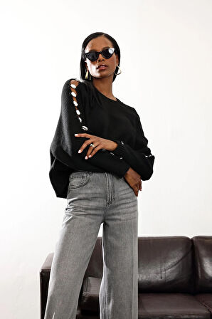 Siyah Aksesuar Detaylı Triko Kazak 4688