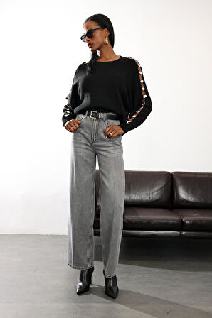 Siyah Aksesuar Detaylı Triko Kazak 4688