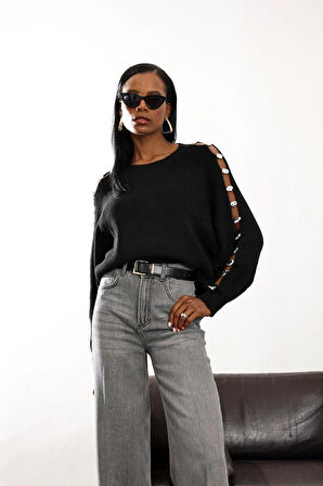 Siyah Aksesuar Detaylı Triko Kazak 4688