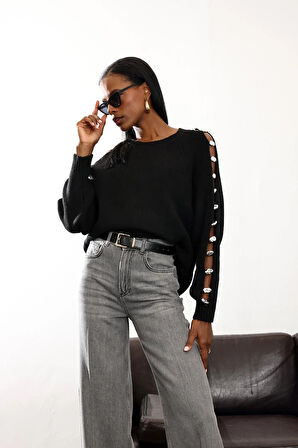 Siyah Aksesuar Detaylı Triko Kazak 4688