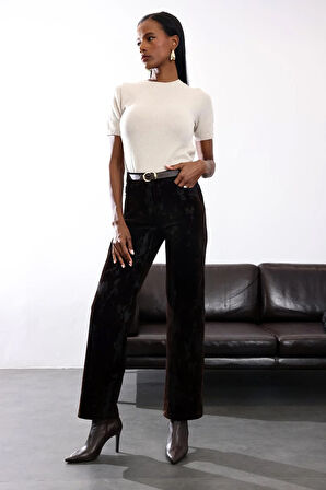 Kahverengi Kadife Karışımlı Düz Kesim Pantolon 