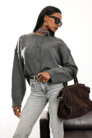 Antrasit Bisiklet Yaka Triko Hırka 2554