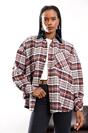 Lacivert Kadife Yakalı Ekose Gömlek 04013