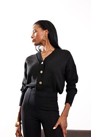 Siyah V Yaka Gold Düğmeli Hırka 4840