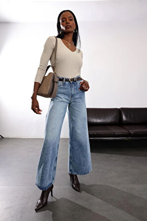 Mavi Yüksek Bel Wide Leg Jean 