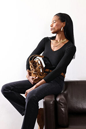 Siyah V Yaka Fitilli Kazak 185