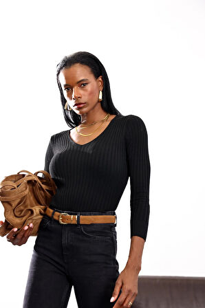 Siyah V Yaka Fitilli Kazak 185