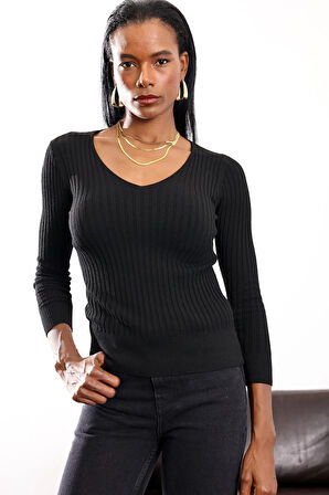 Siyah V Yaka Fitilli Kazak 185